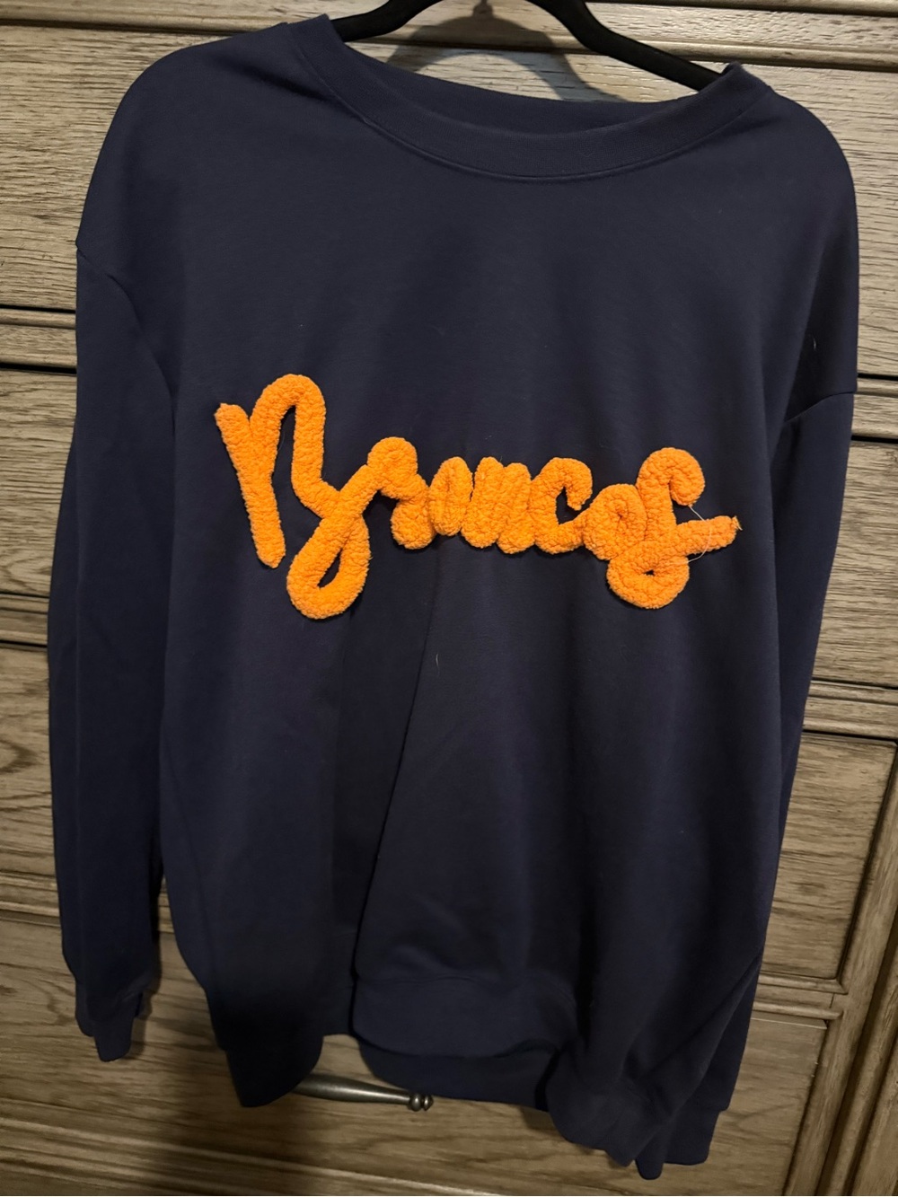 Navy Crewneck Sweater with Orange Chenille Script